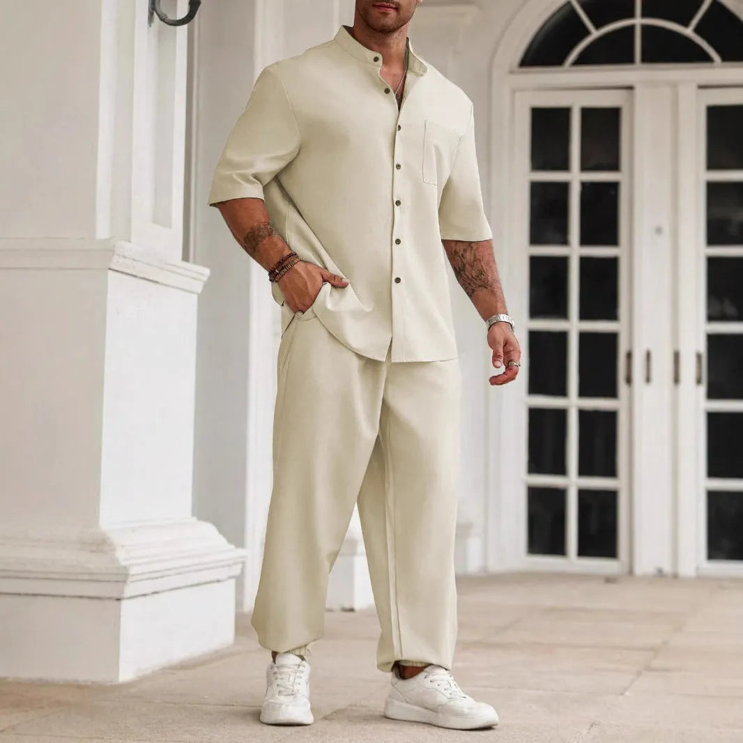 Men's apricot coloured cotton linen casual short-sleeve shirt and long trousers set laid flat