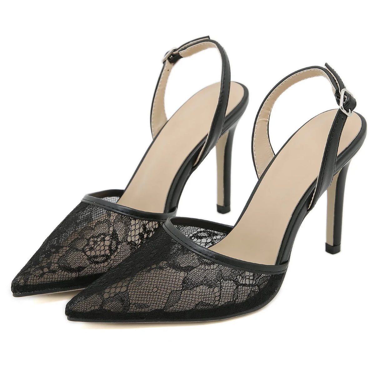 Women's French lace high heels in black or white with pointed toe, microfiber upper and rubber sole, sizes 35-42