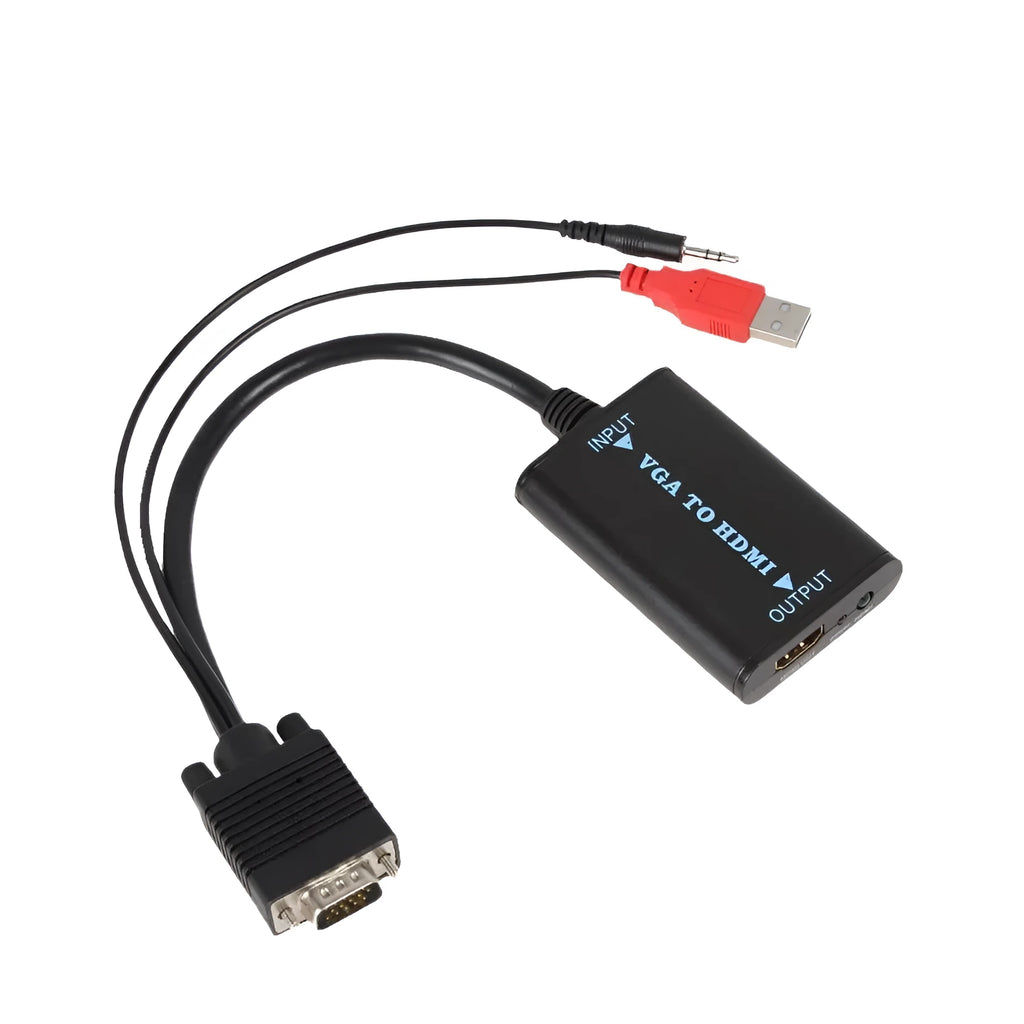 Black VGA to HDMI female converter with USB power cable and 3.5mm audio output port
