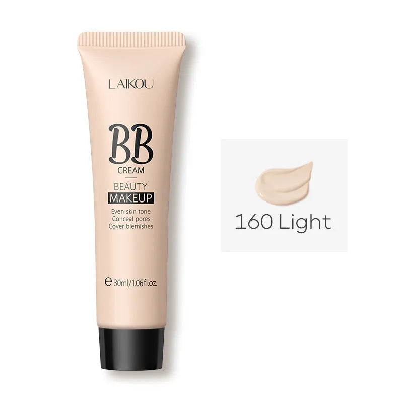 30ml tube of natural finish BB cream showing nine colour shade options from Ivory White to Brown