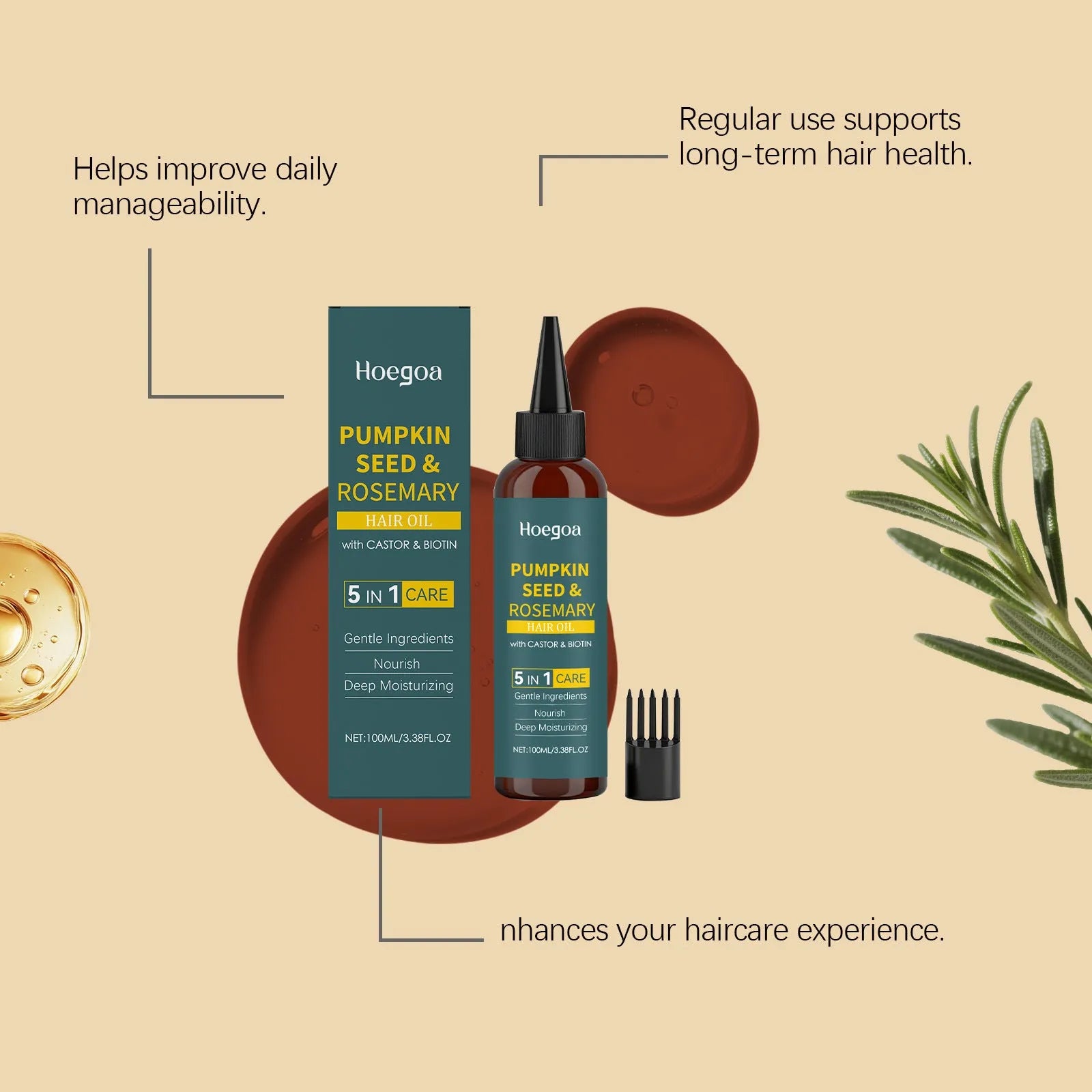 Rosemary hair care essential oil 100ml bottle with pointed applicator nozzle and hair comb