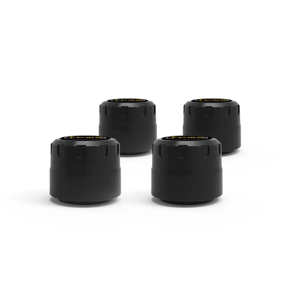 Bluetooth 5.0 automotive tyre pressure monitor kit with four black external sensors, a wrench, and anti-theft screws.
