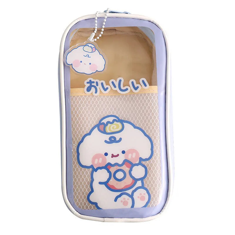 Transparent PVC student pencil case with vertical South Korea style candy bear design