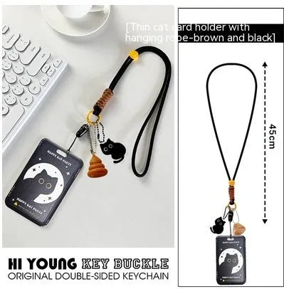 Plastic card holder sleeve with a detachable cute black cat pendant, designed for student IDs and travel cards.