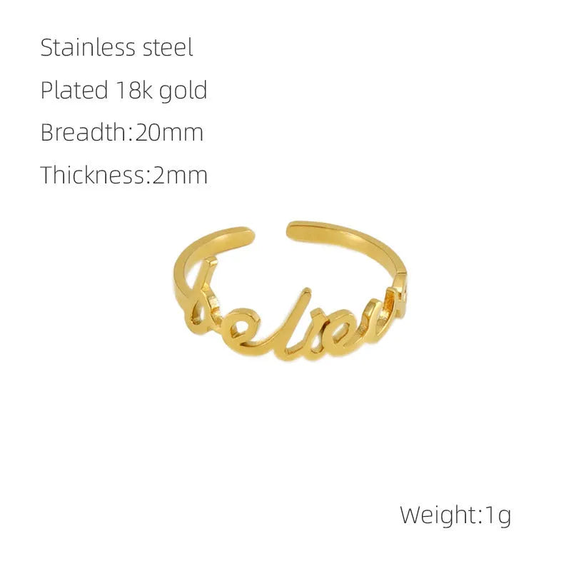 Gold electroplated stainless steel adjustable open ring with letter design, unisex style