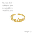 Gold electroplated stainless steel adjustable open ring with letter design, unisex style