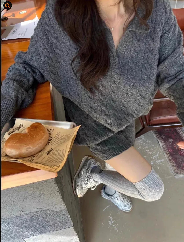 Ladies knitted shorts suit with cable knit geometric pattern, elastic waist shorts and long sleeve sweater