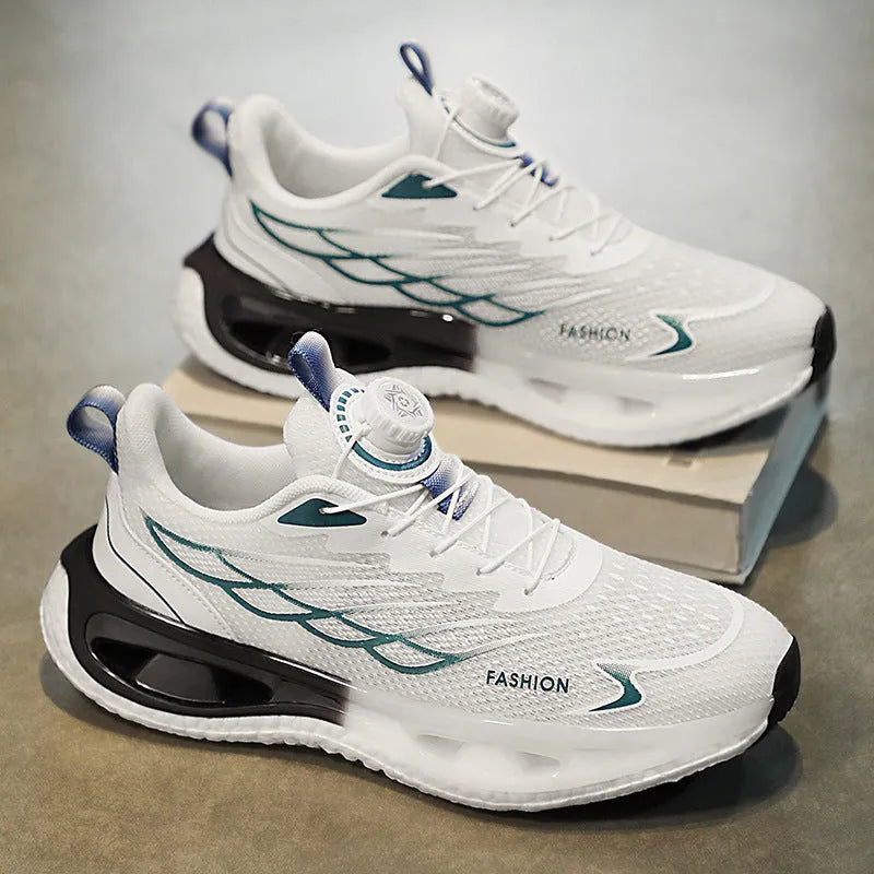Men's low-top casual sneaker with a rotating button closure, shown in light blue, black, and white/blue colour options.