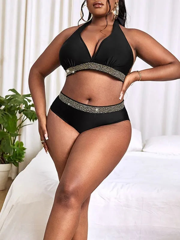 Black plus size women's bikini swimsuit with bra and shorts in polyester fabric