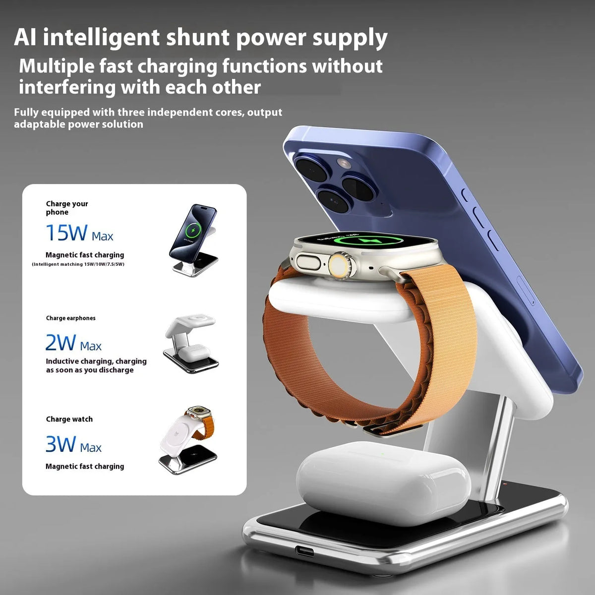 3-in-1 magnetic wireless charging bracket in black with phone, watch, and earbuds placed on charging pads