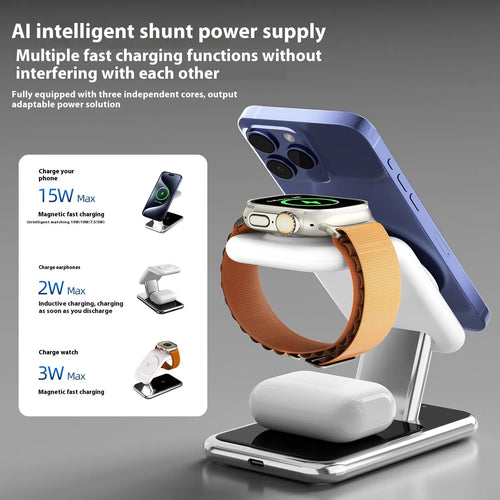 3-in-1 magnetic wireless charging bracket in black with phone, watch, and earbuds placed on charging pads