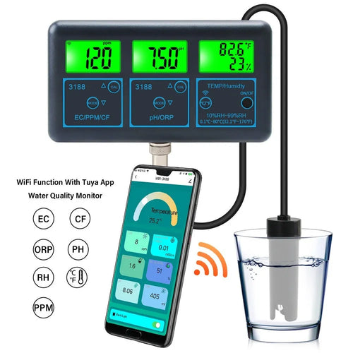 Black 7-in-1 WiFi water quality monitor with electrode, measuring EC TDS pH ORP temperature humidity