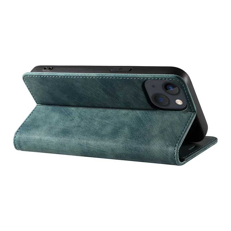 Magnetic flip leather phone case for iPhone in black, showing closed cover with magnetic clasp.