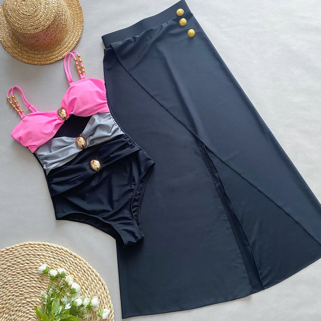 Women's brown one-piece swimsuit with matching beige skirt, high elasticity spandex fabric.