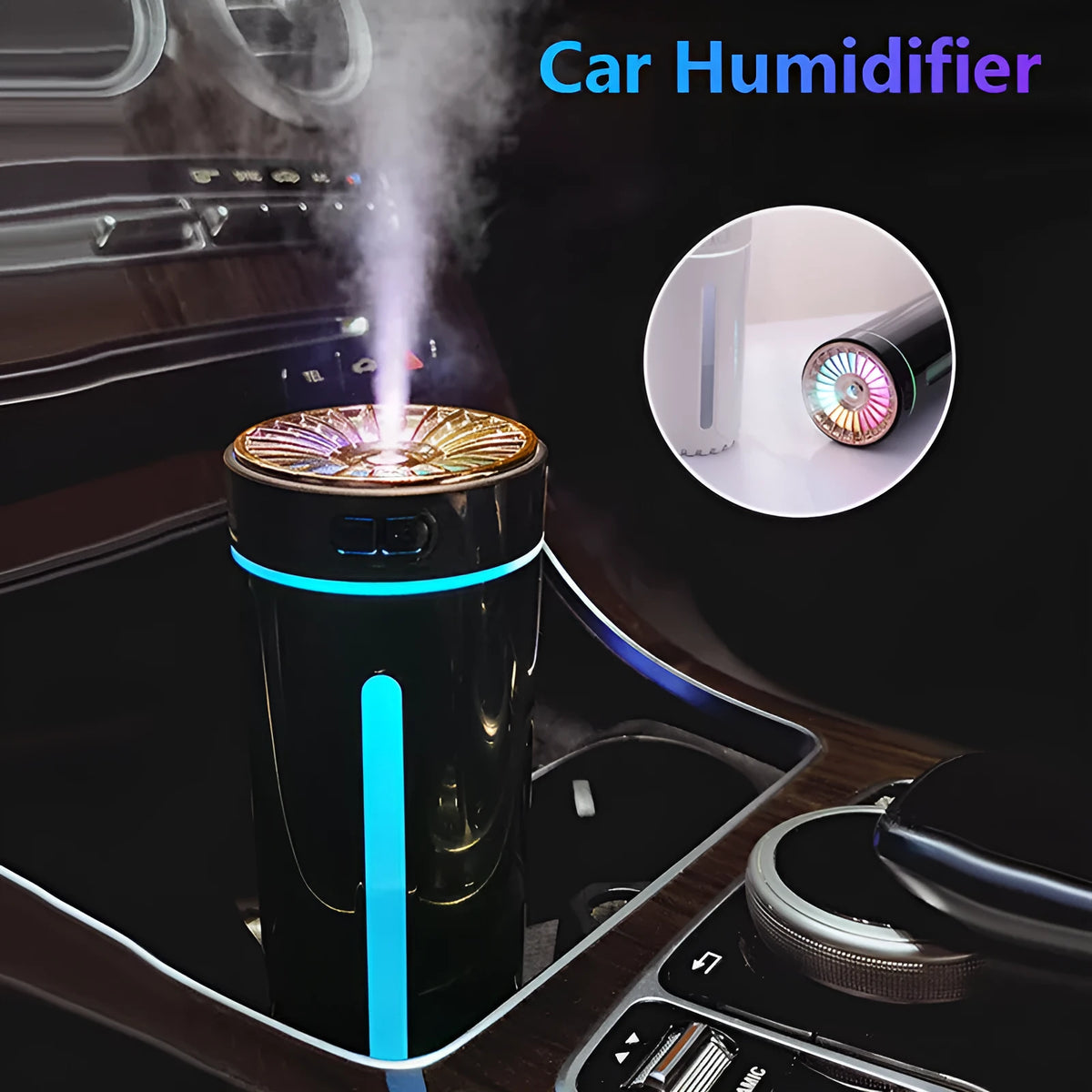 Black and white portable wireless humidifier with LED lights on a car cup holder and desktop