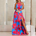 Bohemian printed sleeveless long dress in milk silk fabric with high waist, blue colour