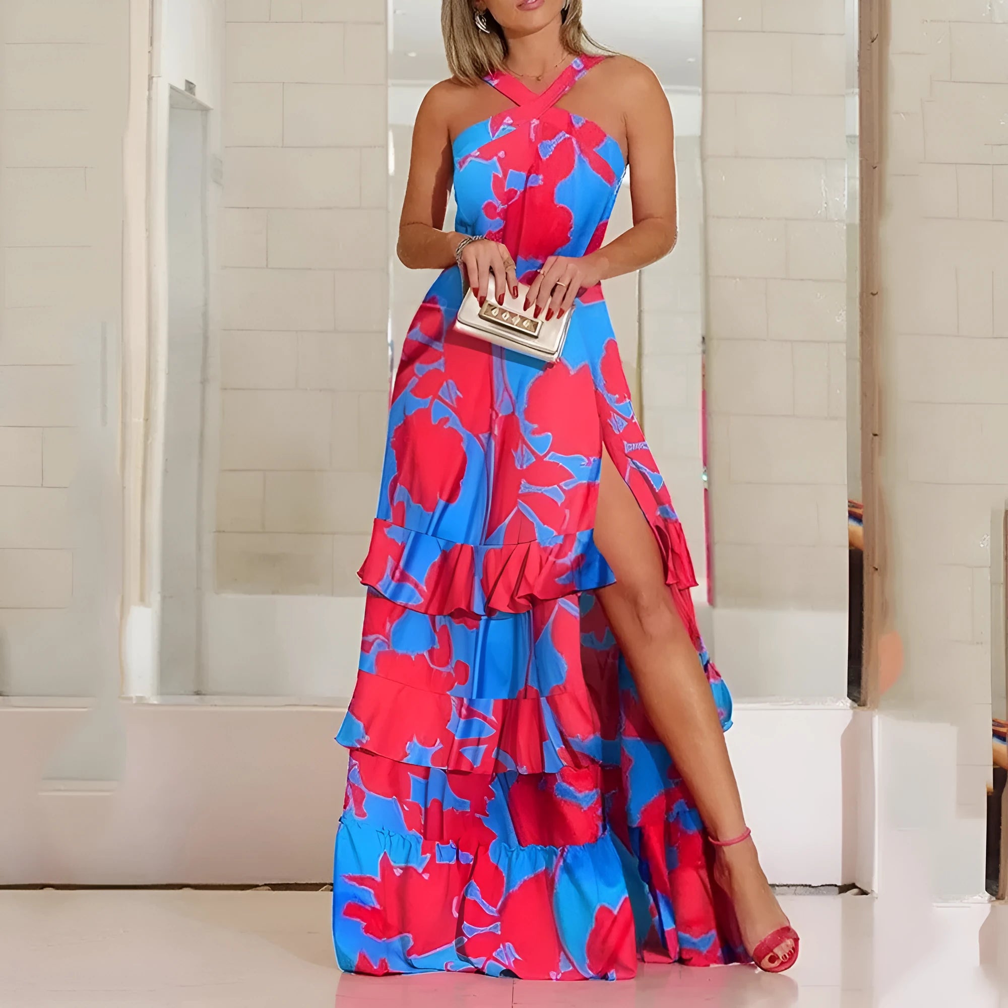 Bohemian printed sleeveless long dress in milk silk fabric with high waist, blue colour