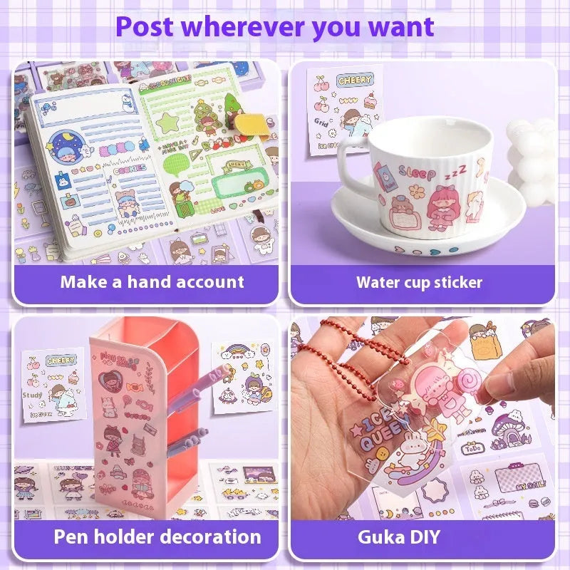 Box of children's stickers with designs for notebooks and cards, showing five colour themes.