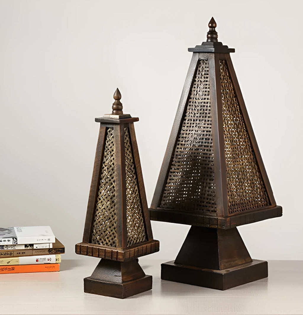 Retro wood table lamp with hand-woven straw rattan lampshade on a desk