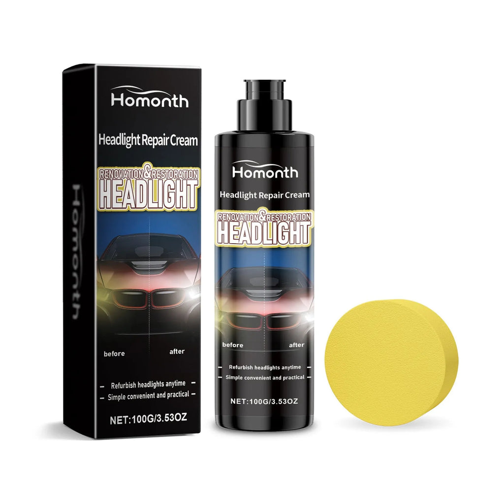 Car headlight scratch repair paste 100g bottle 3.8 x 13.8cm with 6.8 x 2.5 x 6.8cm sponge applicator