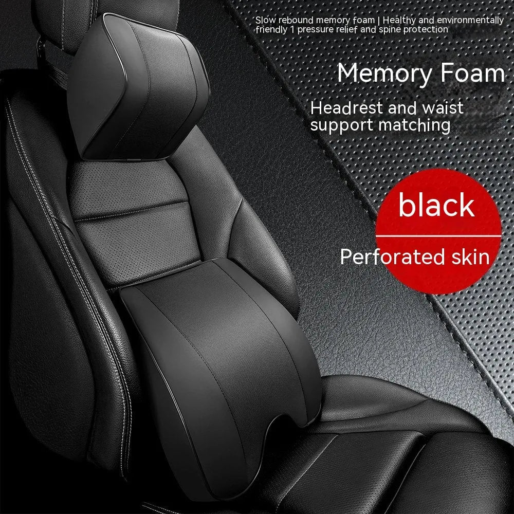 PU leather car neck pillow and waist support with space memory cotton filling, shown in black, coffee, beige or wine red