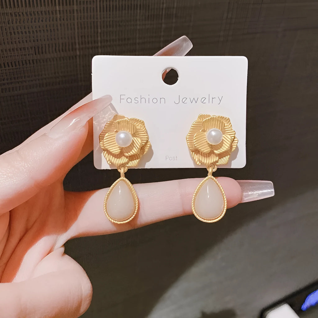 Gold electroplated Hong Kong style flower stud earrings with opal stone and needle rose pearl design