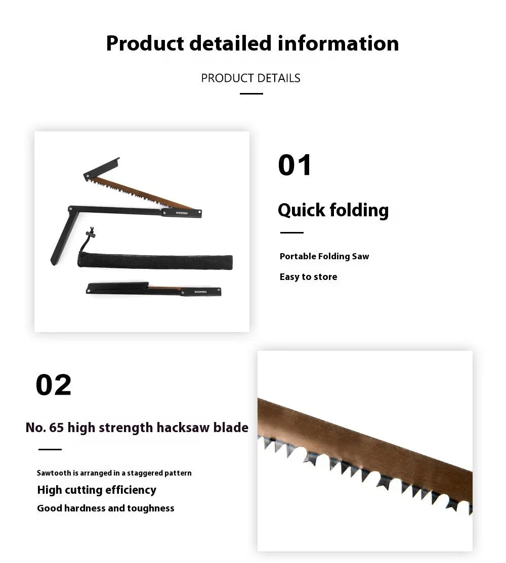 Black outdoor folding saw with aluminium and PA66 nylon handle and No. 65 Gao Meng hacksaw blade