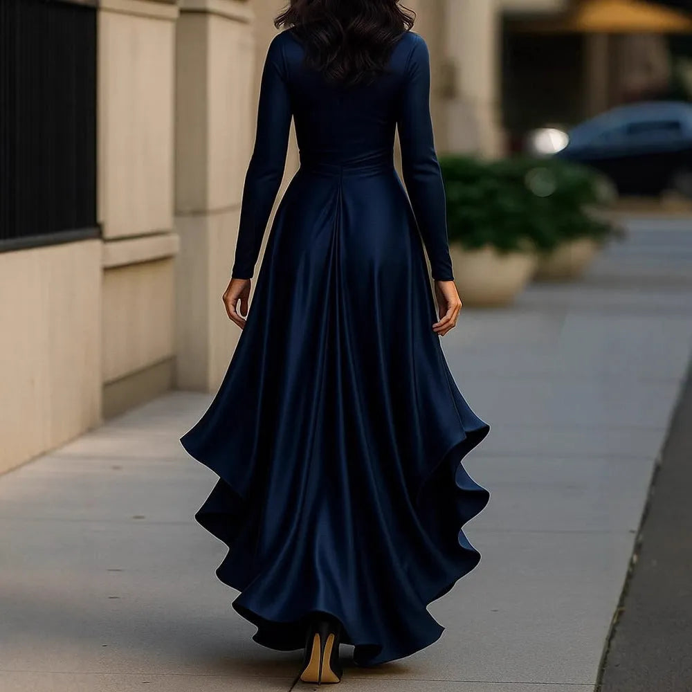 V-neck high waist ruffle dress with asymmetric long skirt in navy blue, wine red, or black, sizes S-XXL.