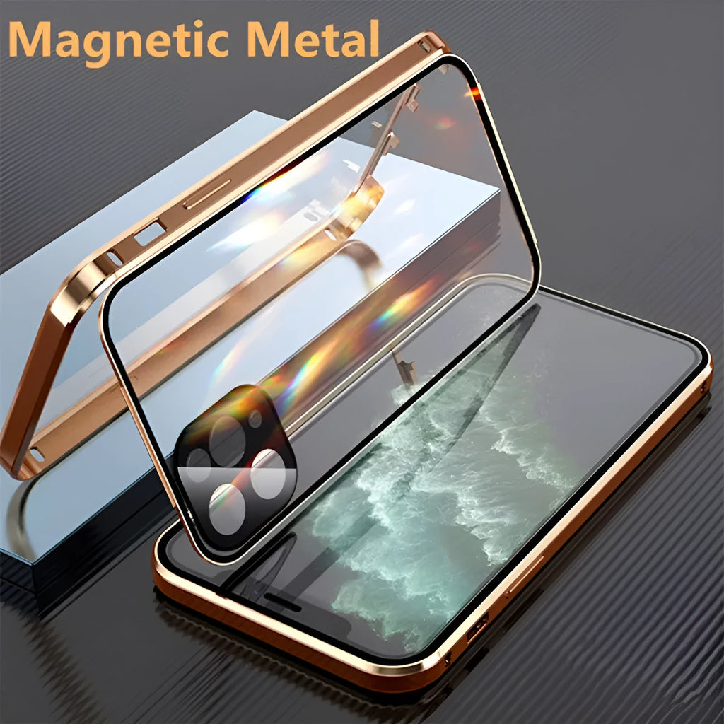 Black aluminium and tempered glass bumper case for iPhone showing front and back protection.