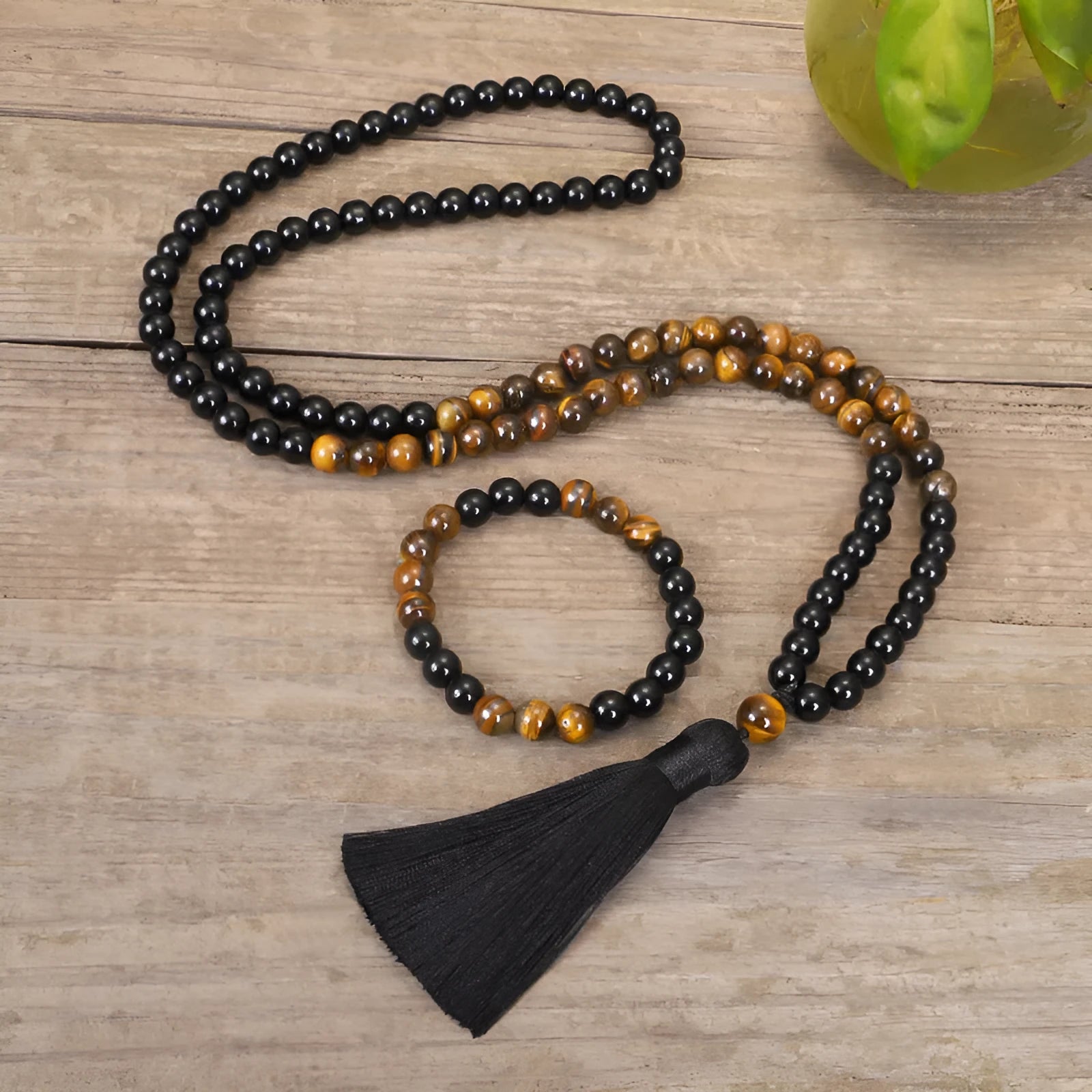 Tiger eye stone tassel sweater chain necklace with drop shape pendant and ball bead chain