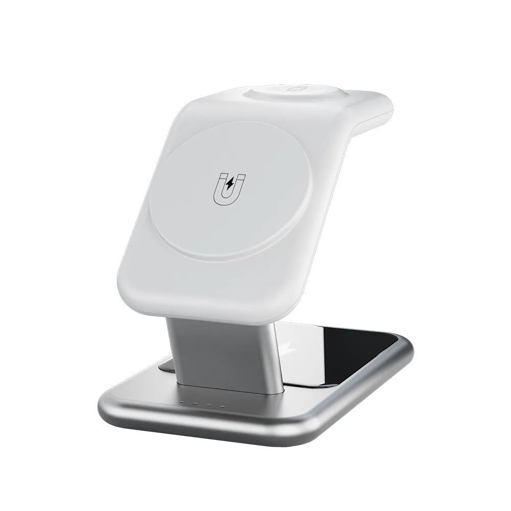 3-in-1 magnetic wireless charging bracket in black with phone, watch, and earbuds placed on charging pads
