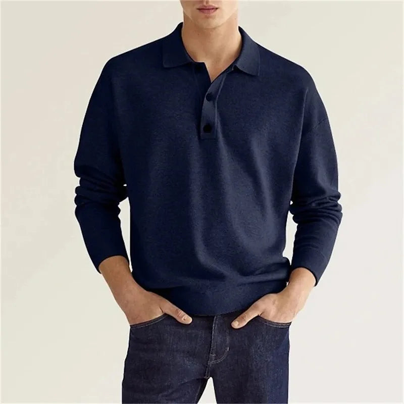 Men's long sleeve V-neck button polo shirt in cotton blend, available in 11 colours and sizes S to 2XL
