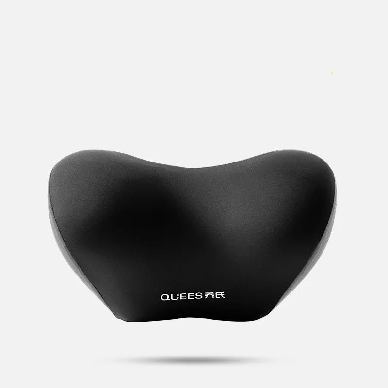Black grey memory foam automotive lumbar support pillow and headrest on a car seat.