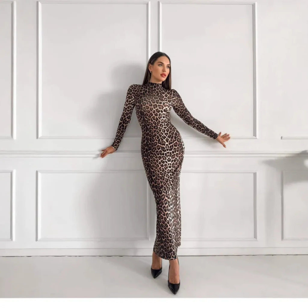 Leopard print women's dress with stand collar and long sleeves in high waist design