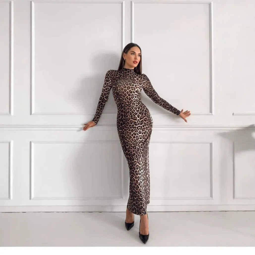 Leopard print women's dress with stand collar and long sleeves in high waist design