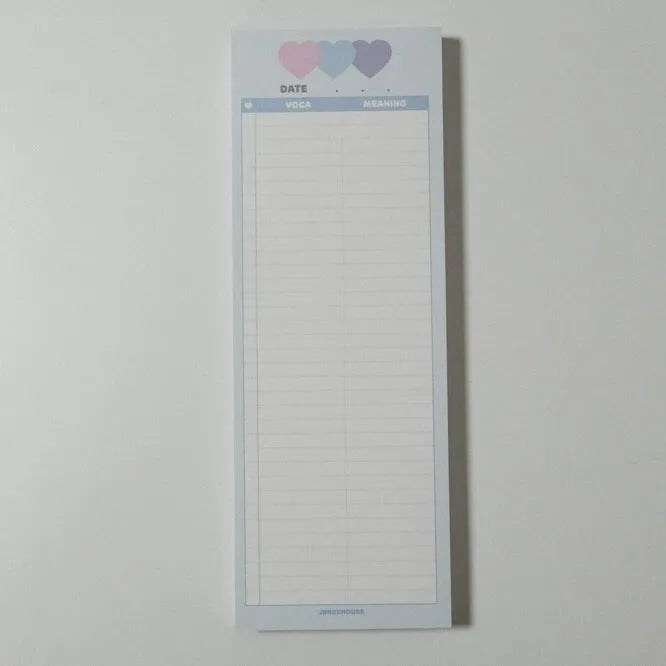 B5 half-size notepad with vertical English words printing in pink, purple, and blue cover colours.