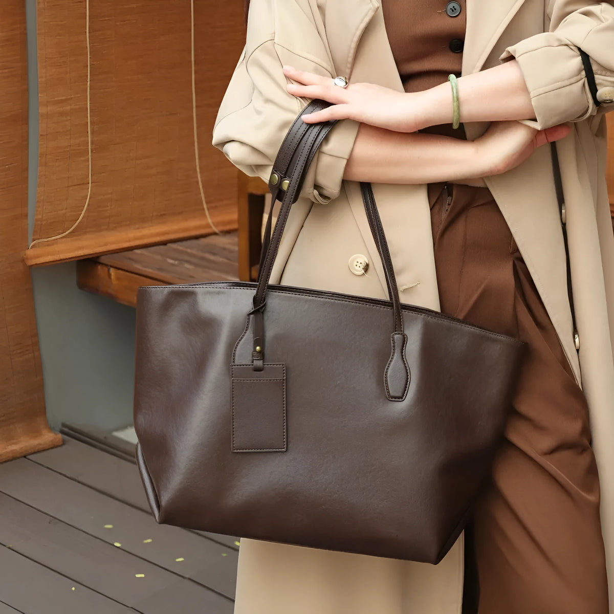Cortex women's large-capacity zippered handbag in genuine leather, horizontal square shape with splicing detail, 35x17x30cm
