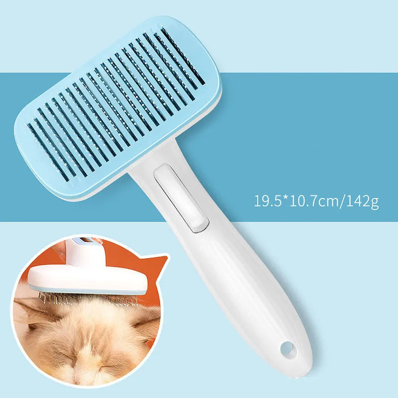 Blue automatic pet hair removal comb on a table, showing its size and one-click button.