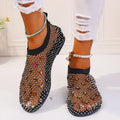 Women's flat mesh sandals with colourful rhinestone decoration on round toe design