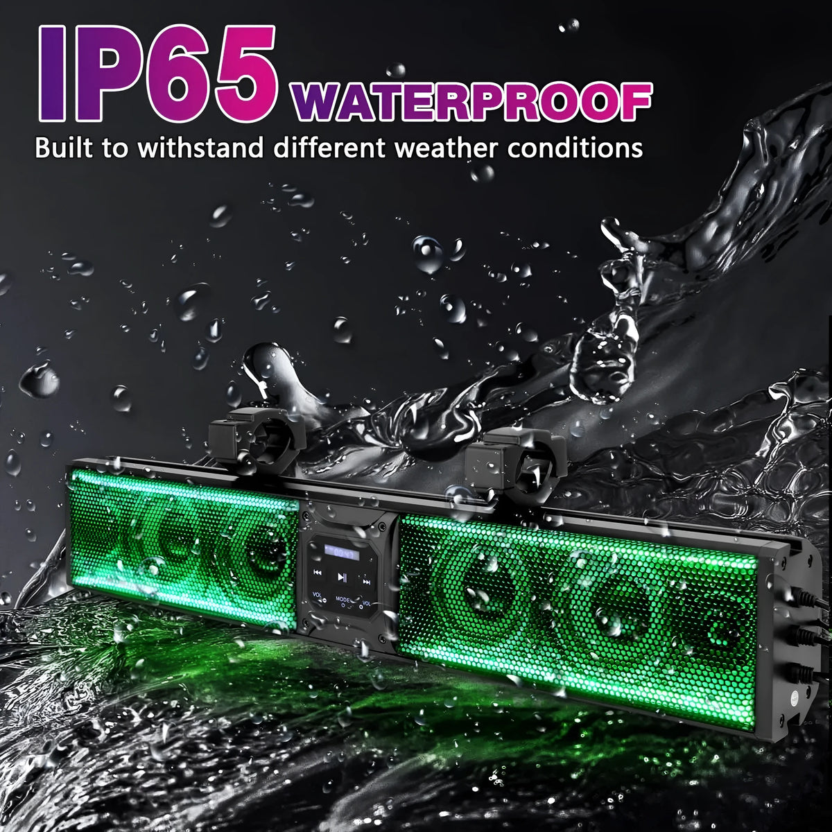 Personalised plastic Bluetooth speaker strip for mounting on a golf cart or ATV, showing speakers and connectivity ports.