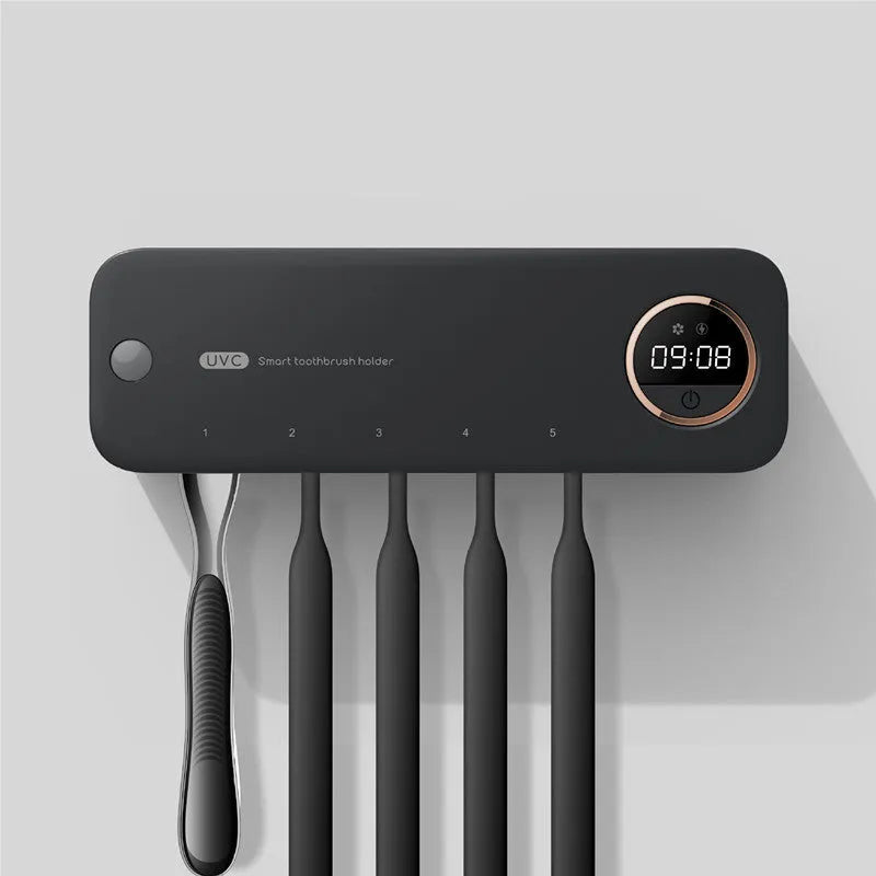 UV toothbrush holder sterilizer wall-mounted with LED display, black ABS, 217mm wide, rechargeable.