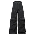 Black multi-pocket pleated workwear jeans with mid-waist fit and trousers length