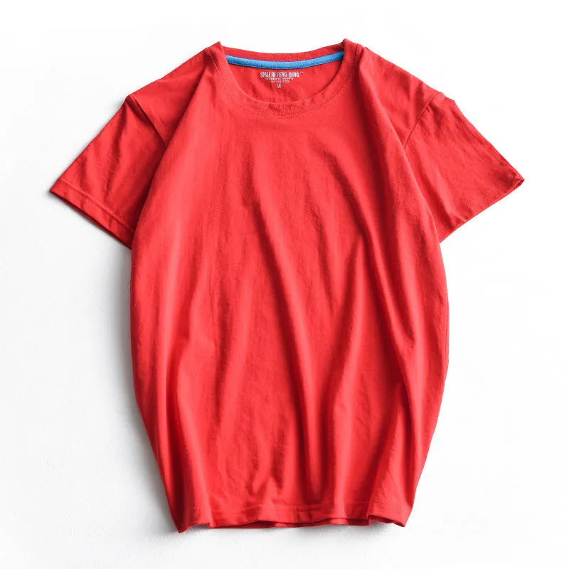 Men's solid colour cotton T-shirt showing round neck and short sleeve design in available colour options