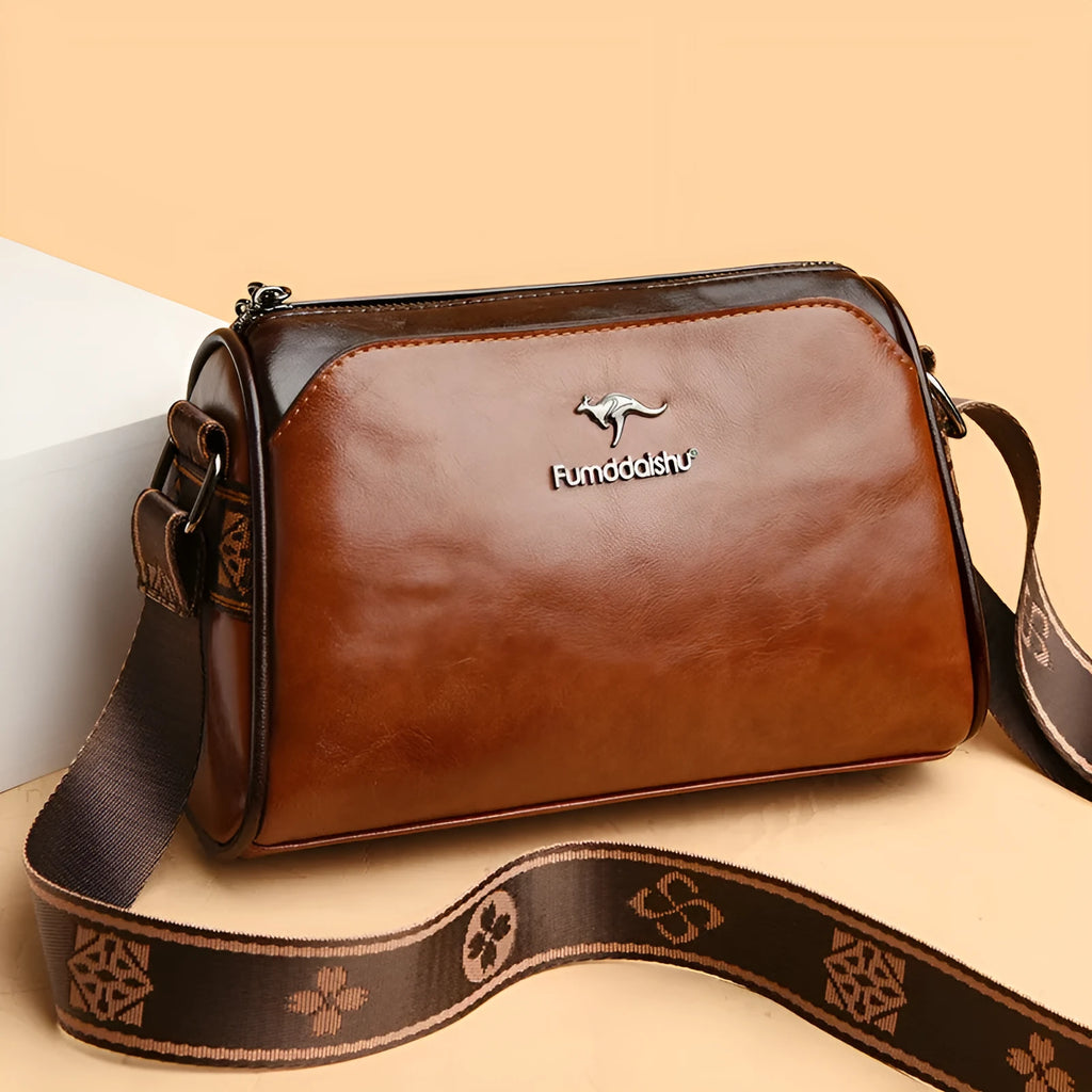 Women's oil wax leather crossbody bag in brown, double-sided design, soft PU material
