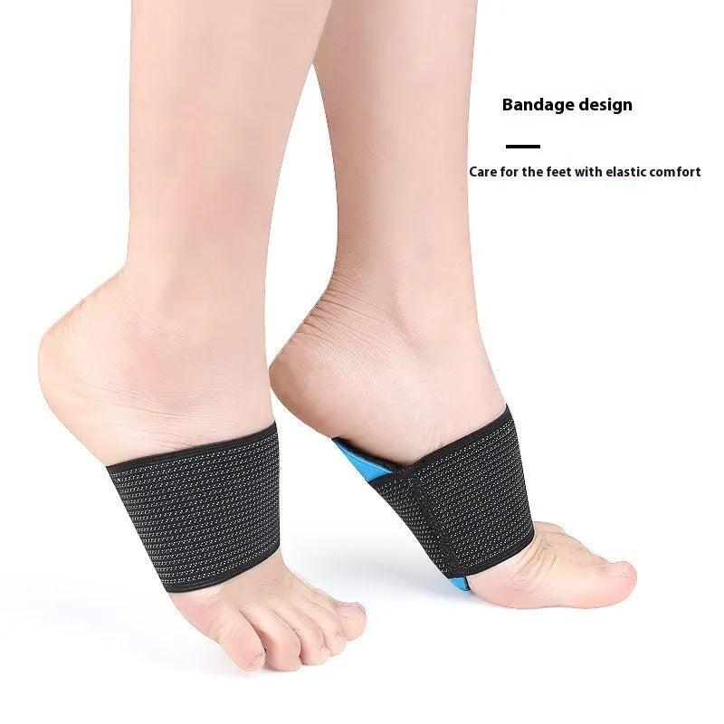 Blue flat foot arch support pads with elastic bandage sole design for adult and children sizes