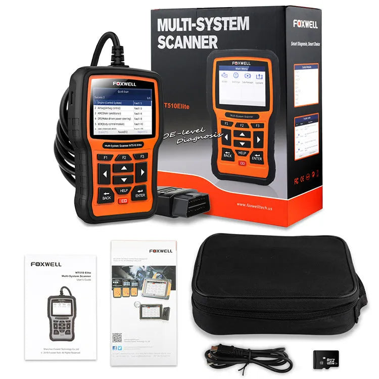 Orange and black Foxwell NT510 automotive OBD2 diagnostic scanner with colour screen