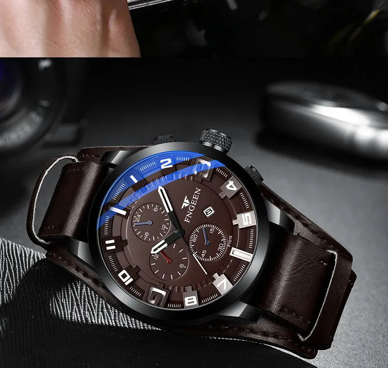 Casual quartz watch with 40.5mm dial, nubuck leather strap, and synthetic sapphire glass showing perspective window detail
