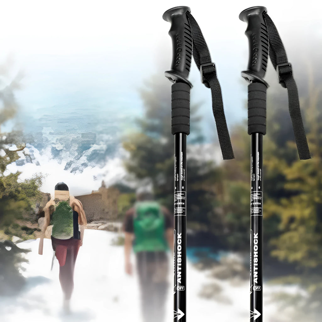 Aluminium alloy outdoor trekking poles with three straight handles and adjustable length, shown with snow holder attachments
