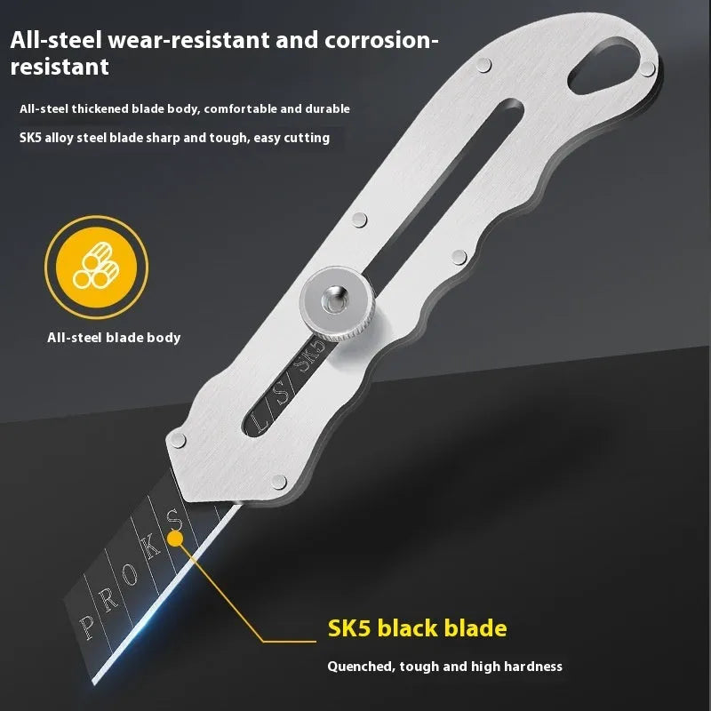 Stainless steel folding art knife with black blade and set of 10 trapezoidal blades