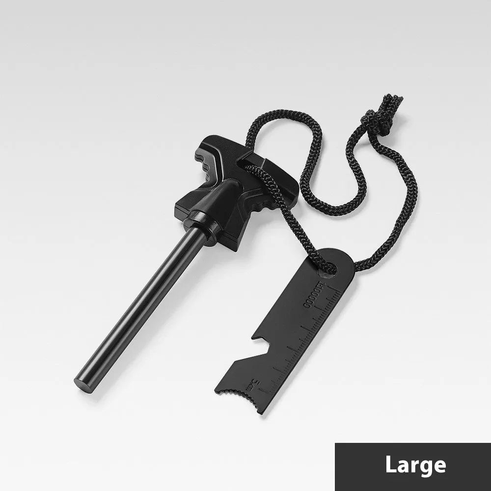 Stainless steel butterfly-shaped fire starter tool with integrated bottle opener.